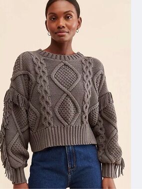 Line & Dot Charcoal Cable Knit Fringe Crewneck Sweater
